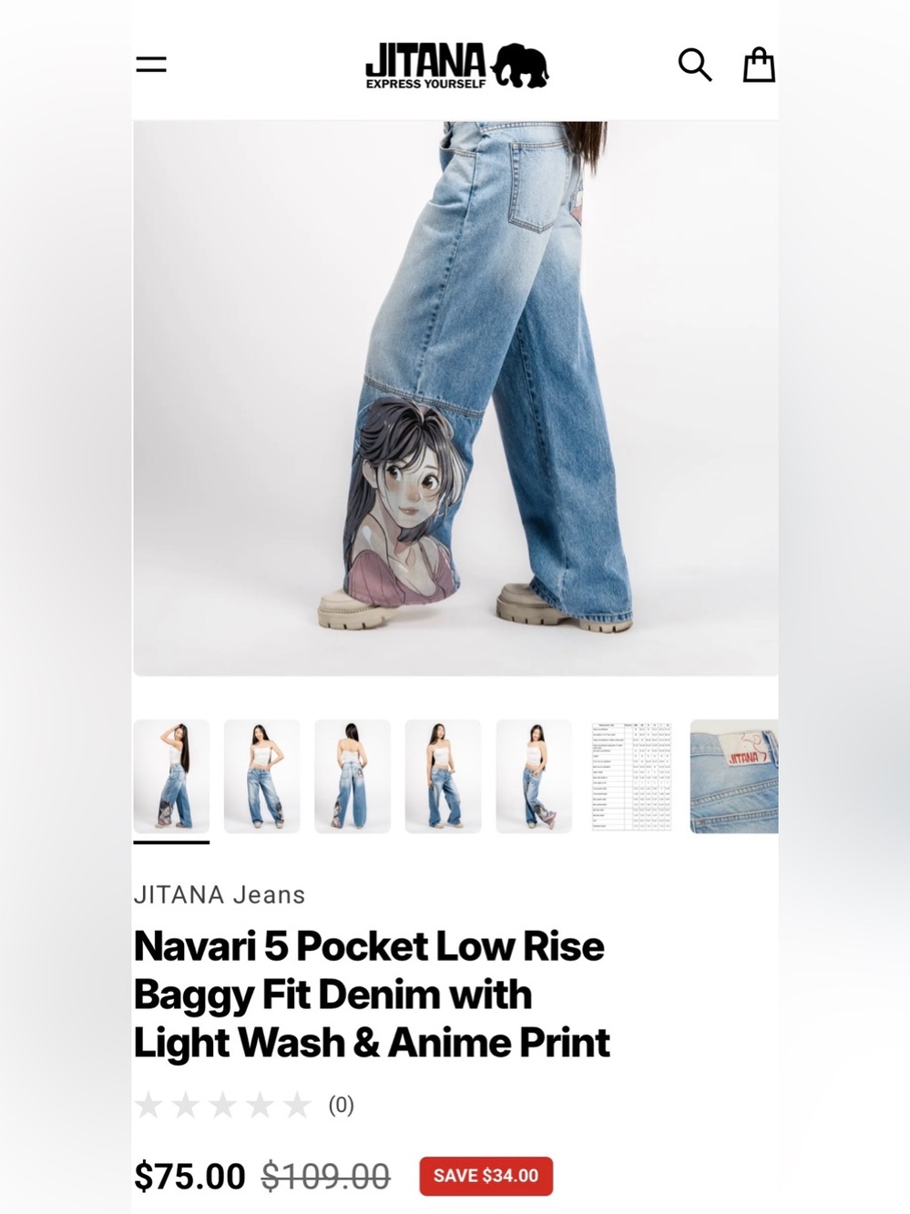 Jitana Navari 5 Pocket Low Rise Baggy Fit Cotton Denim, Anime Print size L NWT